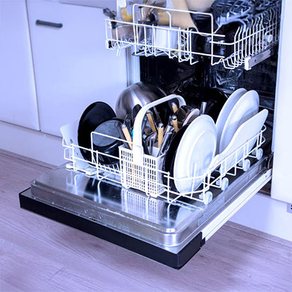 A photo showing a loaded dishwasher with plates, pans, cutlery, and mugs.