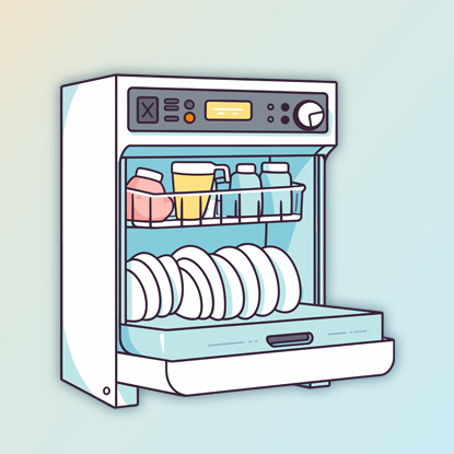 A diagram of a small dishwasher, with plates, mugs, and a jug.