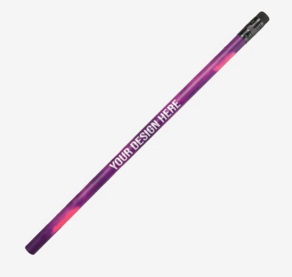 A photo of a pencil changing from purple to pink, with YOUR DESIGN HERE printed on it.