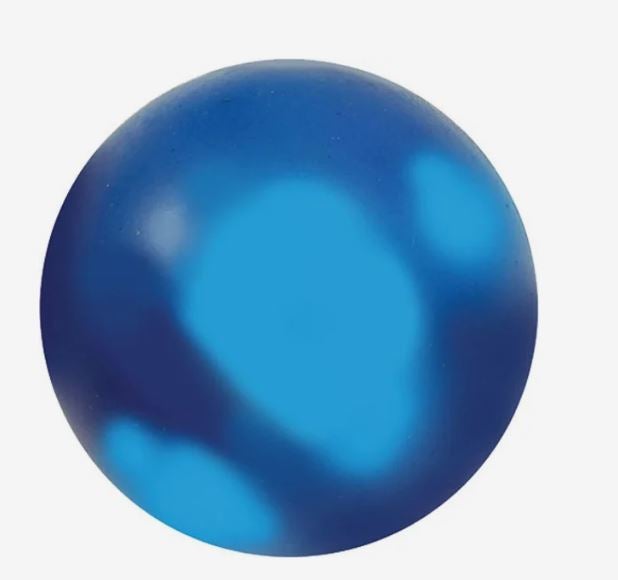 A photo of a dark blue stress ball with light blue marks where fingers have been.