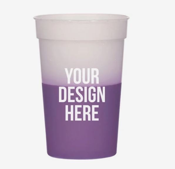 A photo of a plastic cup changing from light purple to dark purple.