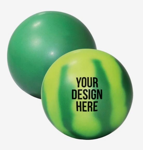 A photo showing a green stress ball turning light green where fingers have been, printed with YOUR DESIGN HERE.