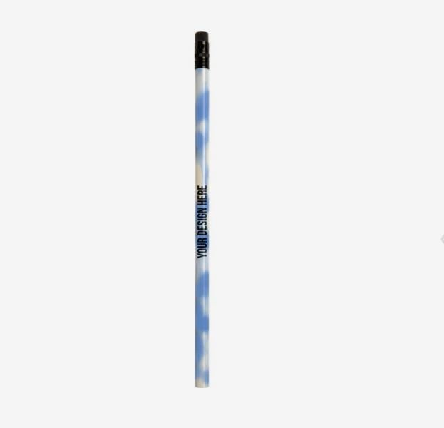 A photo of a pencil changing from blue to white, with YOUR DESIGN HERE printed on it.