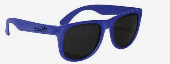 A photo of a pair of blue plastic sunglasses.