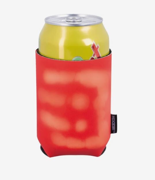 A photo of a red koozie changing to pale red where a hand has been.