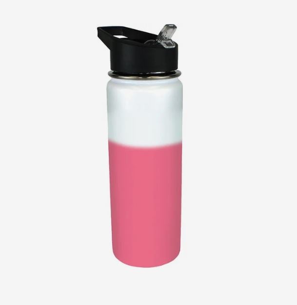 A photo of a metal tumbler changing from white to red, with a black lid.