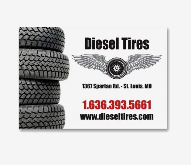 An ad for Diesel Tires showing the logo, a photo of a stack of tires, and contact info, printed on a rectangular landscape magnet.