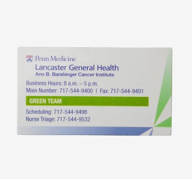 A business card for Penn State Lancaster General Health on a white background with contact info, printed on a landscape rectangular magnet.