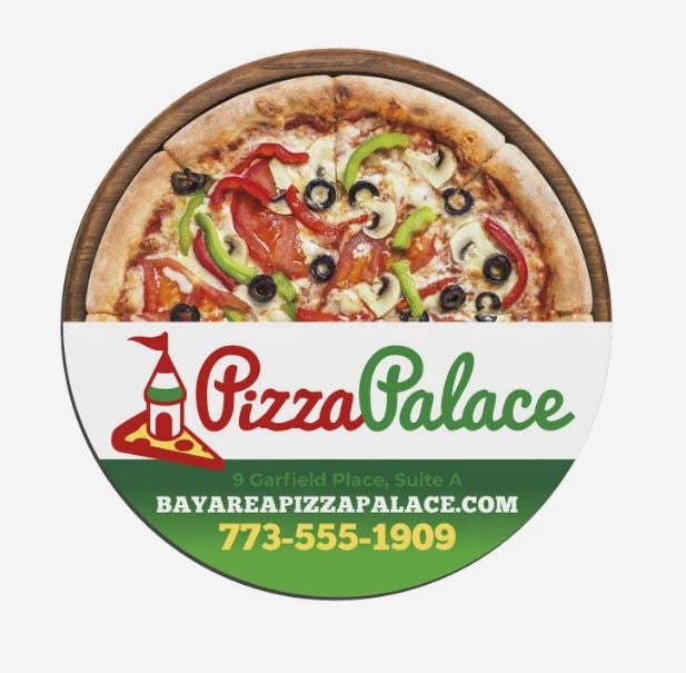 An ad for Pizza Palace designed to look like a bell pepper and black olive pizza on the top half, with a banner saying Pizza Palace and contact info at the bottom, printed on a circular magnet.