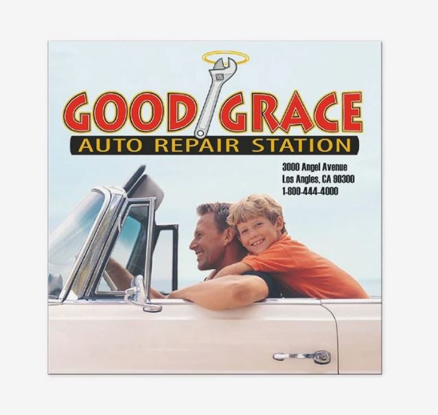 An ad for Good Grace Auto Repair Station showing a man driving a convertible while a young boy leans over from the back seat to give him a big hug around his neck. It's printed on a square magnet.