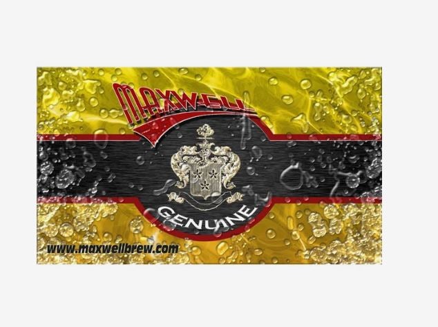 An advert for Maxwell Genuine Brew showing the logo covered in realistic bubbles, printed on a rectangular magnet in a landscape orientation.