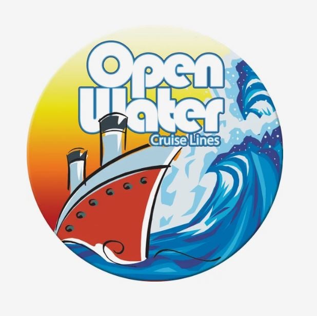 An ad for Open Water showing a ship going through a very large wave, printed on a circular magnet.