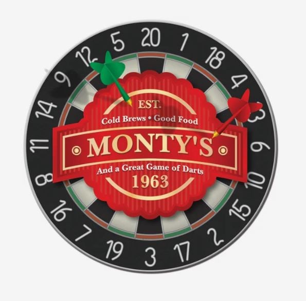 An ad for Monty's bar, established 1963, showing a picture of a dart board printed on a circular magnet.