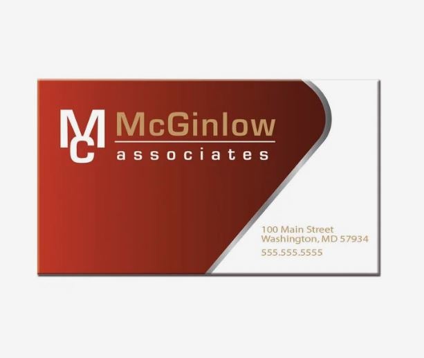 A red and white business card for McGinlow Associates printed on a rectangular magnet in a landscape orientation.