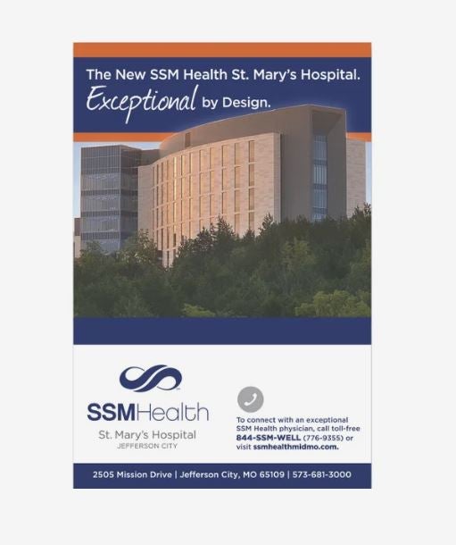 An ad for SSM Health St Mary's Hospital printed on a portrait-oriented rectangular magnet. It shows a photo of a building above contact info.