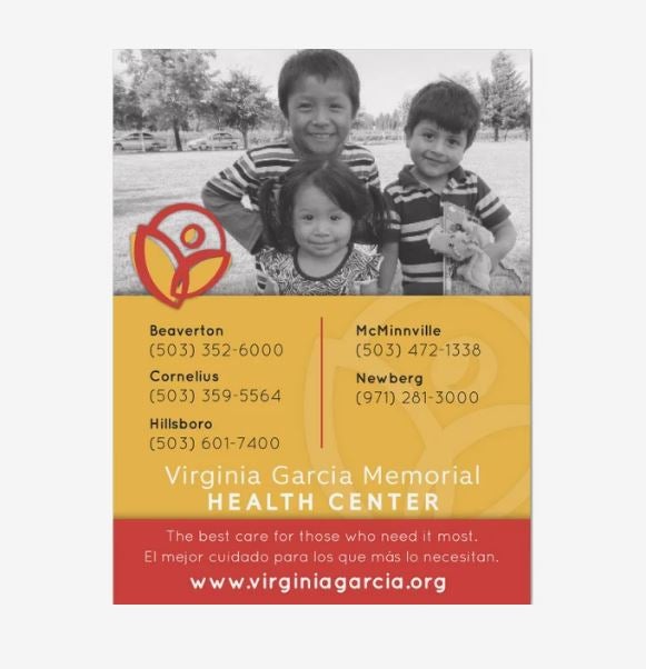 A rectangular magnet in a portrait orientation, showing an ad for the Virginia Garcia Memorial Health Center. It shows contact info underneath a black-and-white photo of three smiling children.