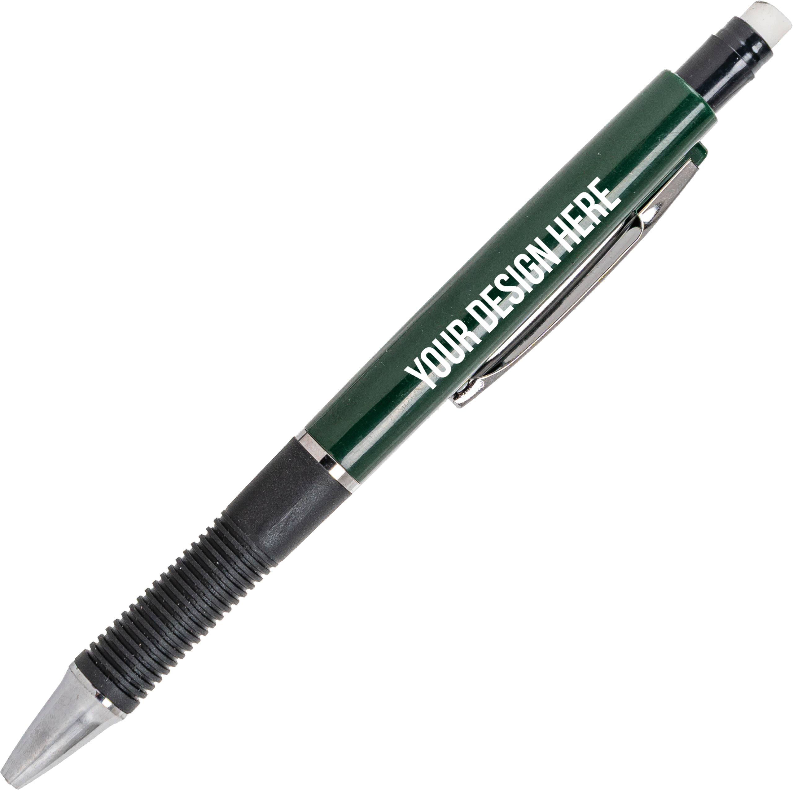 A photo showing a dark green mechanical pencil with a black end and grip, a silver tip and accent, and a white eraser. YOUR DESIGN HERE is printed in white on the barrel.