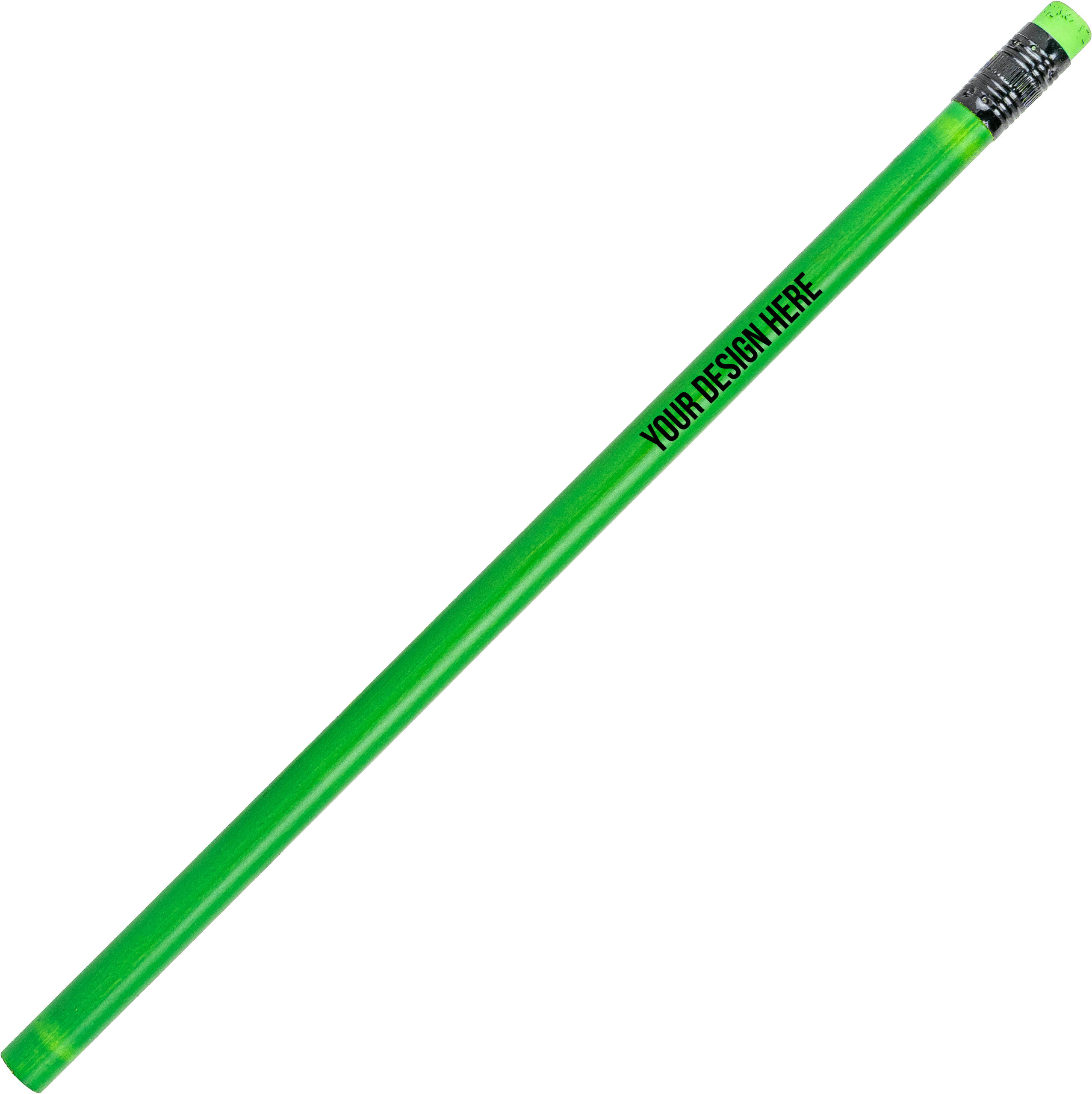 A photo of an unsharpened green pencil with a black end and a green eraser. The barrel is printed with YOUR DESIGN HERE in black.