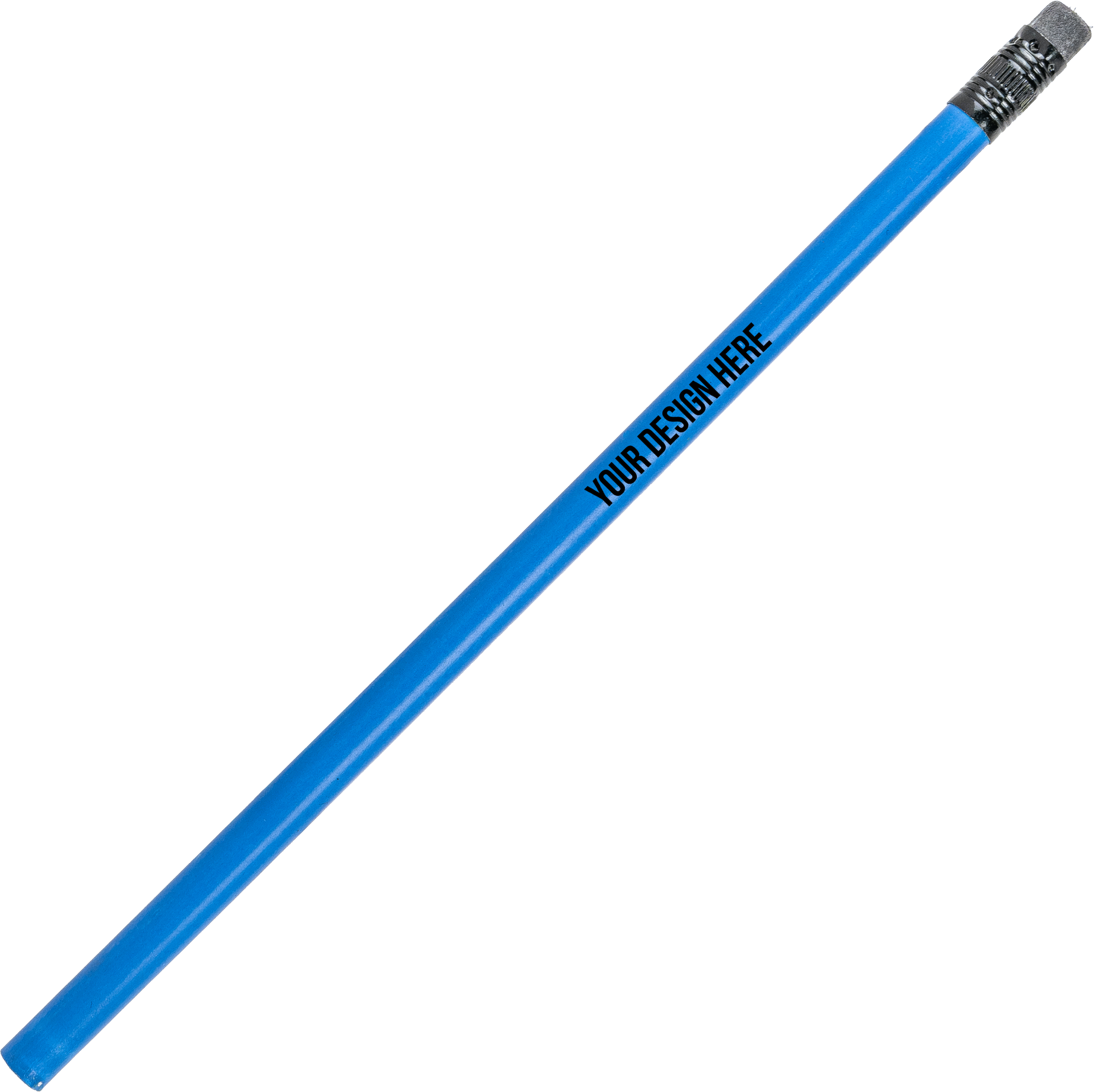 A photo of an unsharpened blue pencil with a black end and a grey eraser. The barrel is printed with YOUR DESIGN HERE in white.
