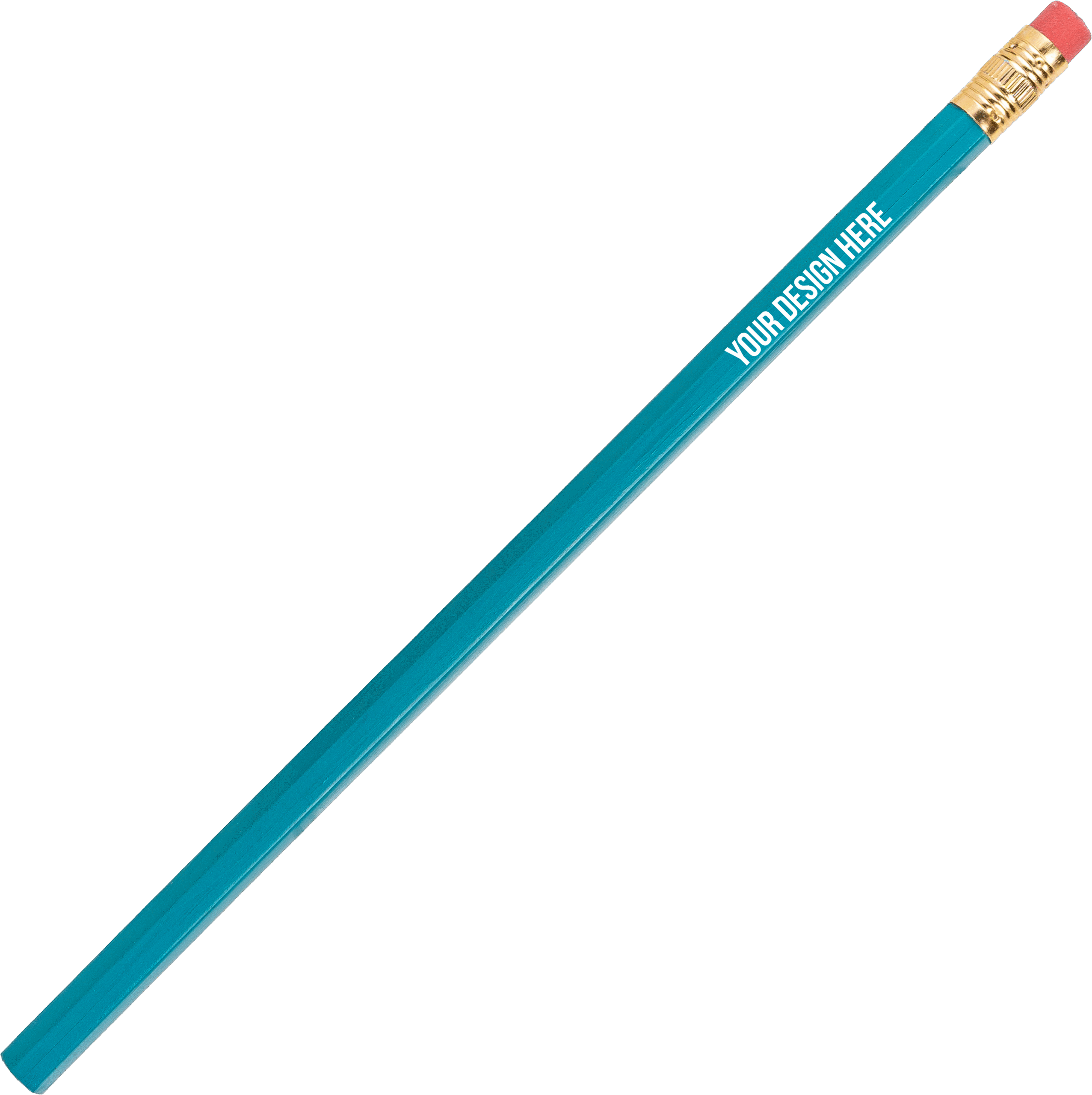 A photo of an unsharpened turquoise pencil with a gold end and a pink eraser. The barrel is printed with YOUR DESIGN HERE in white.