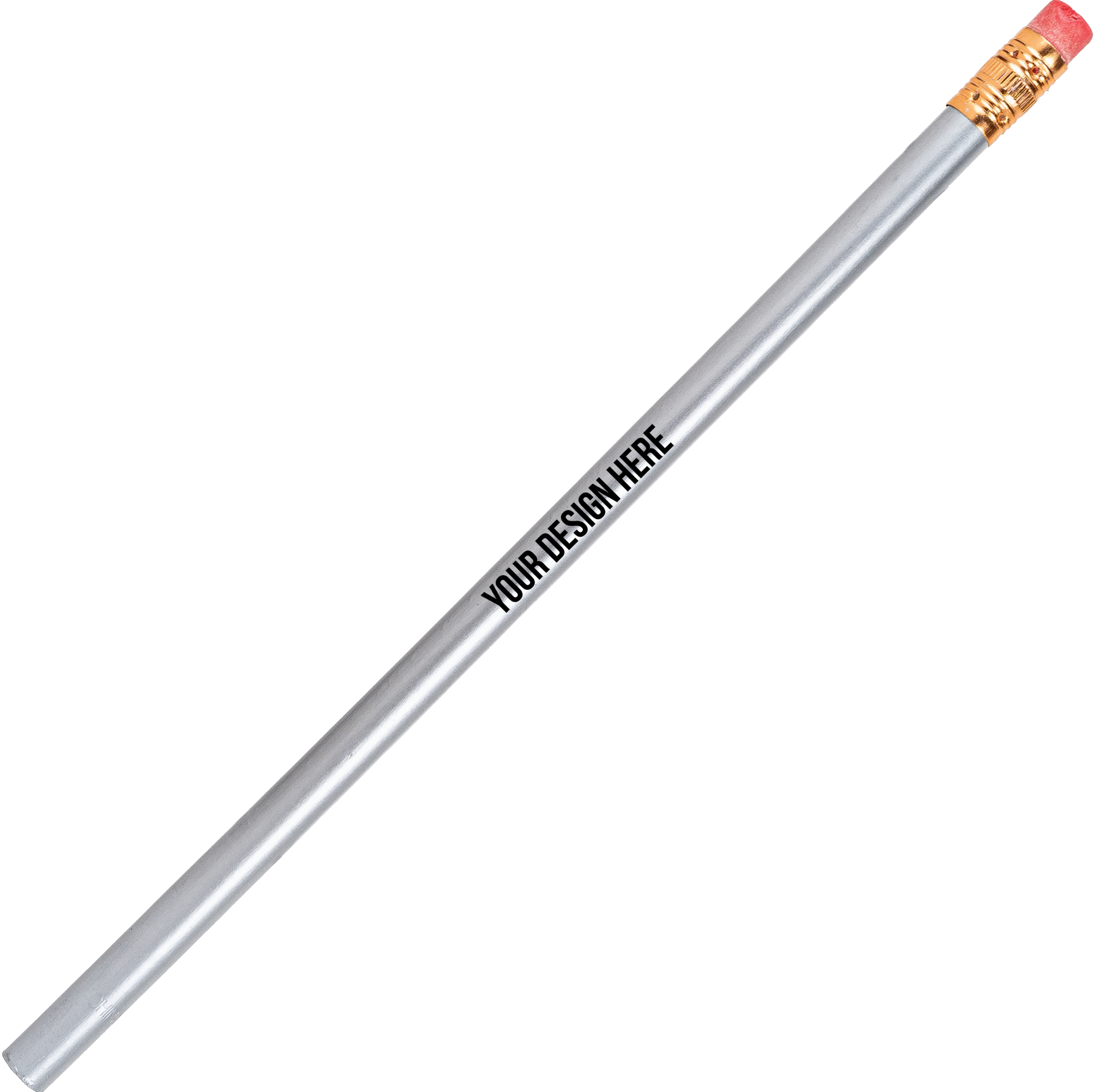 A photo of a silver pencil with a gold end and pink eraser. The barrel is printed with YOUR DESIGN HERE in black.