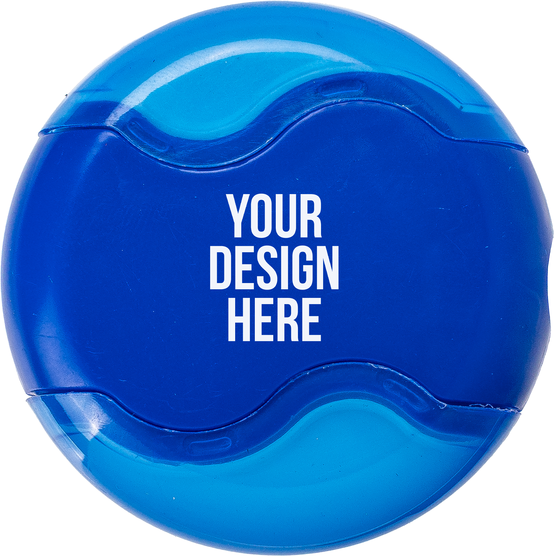 A photo of a blue round plastic thing that is half pencil sharpener and half eraser. YOUR DESIGN HERE is printed in white on the front.