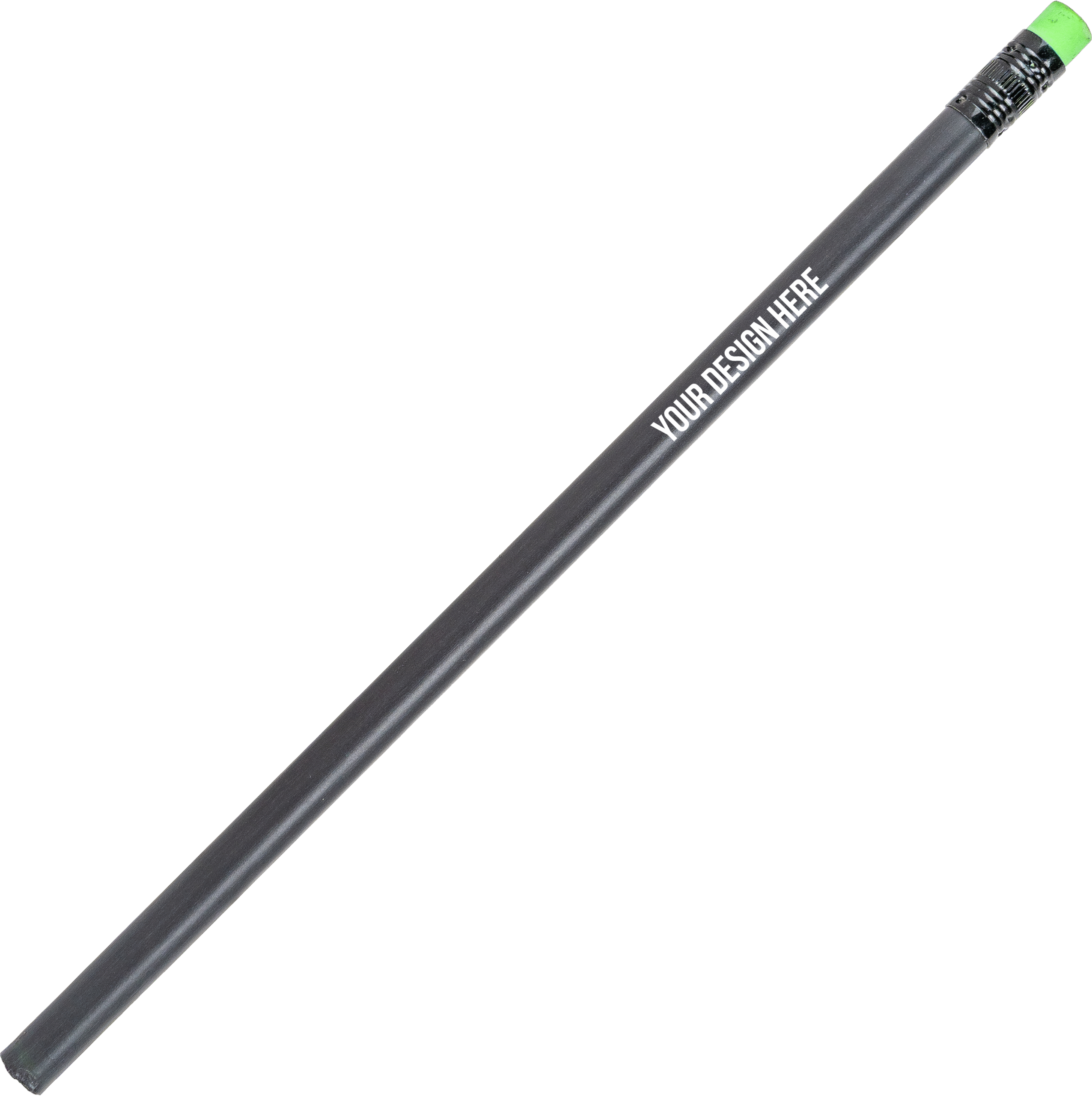 A photo of an unsharpened black pencil with a black end and a green eraser. The barrel is printed with YOUR DESIGN HERE in white.