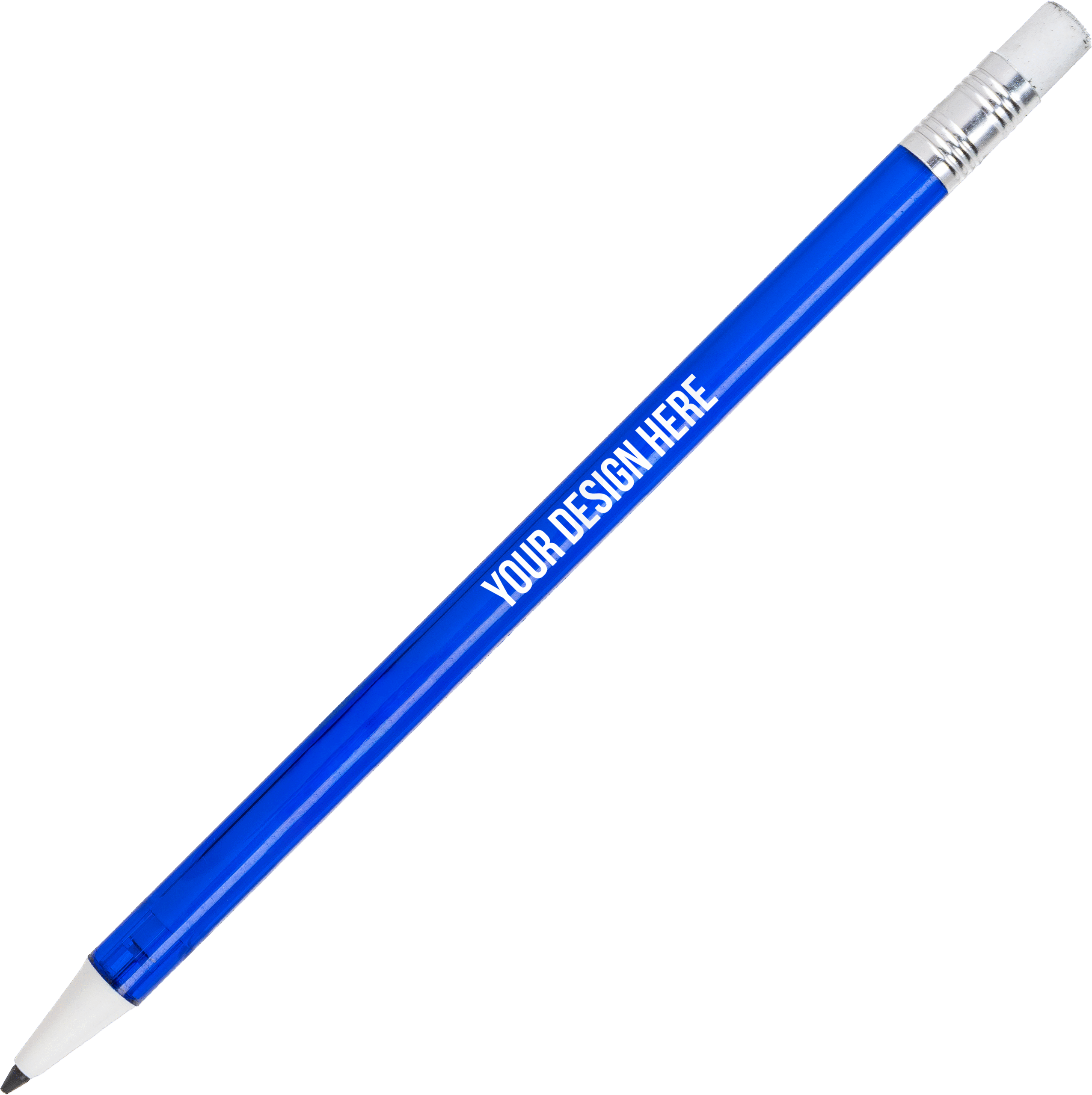 A photo of a blue mechanical pencil with a silver end, white tip, white eraser, and YOUR DESIGN HERE printed in white on the barrel.