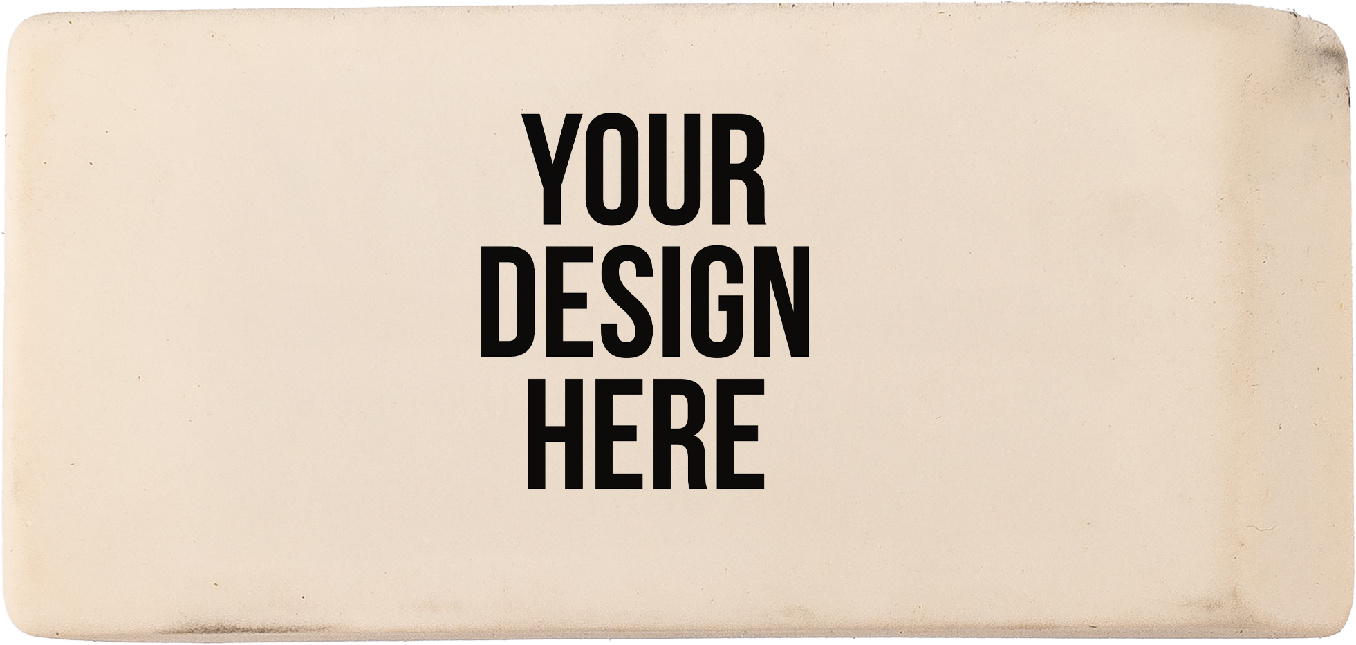 A photo of a large pink trapezoid eraser printed with YOUR DESIGN HERE in black.