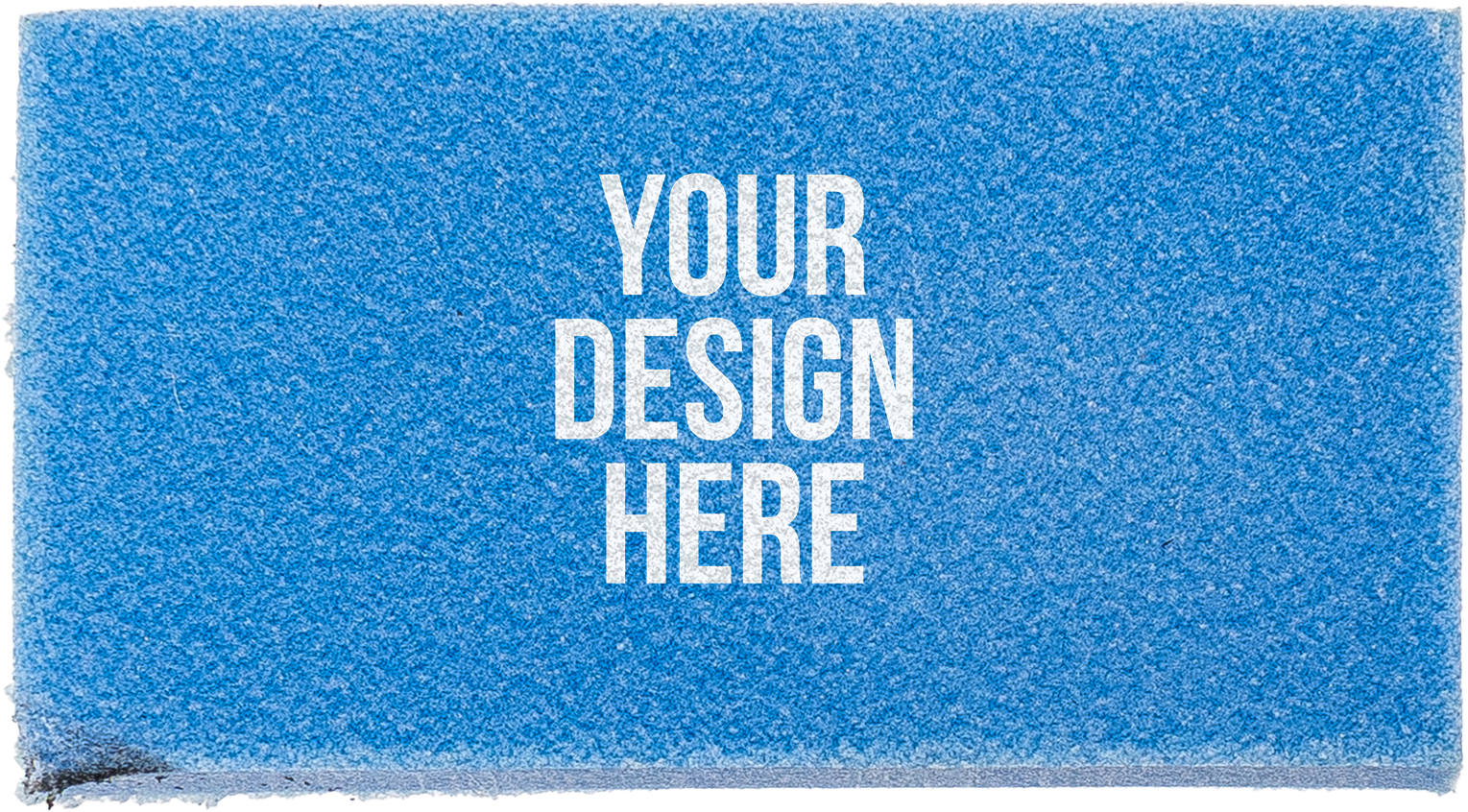 A photo of a rectangular blue eraser printed with YOUR DESIGN HERE in white.