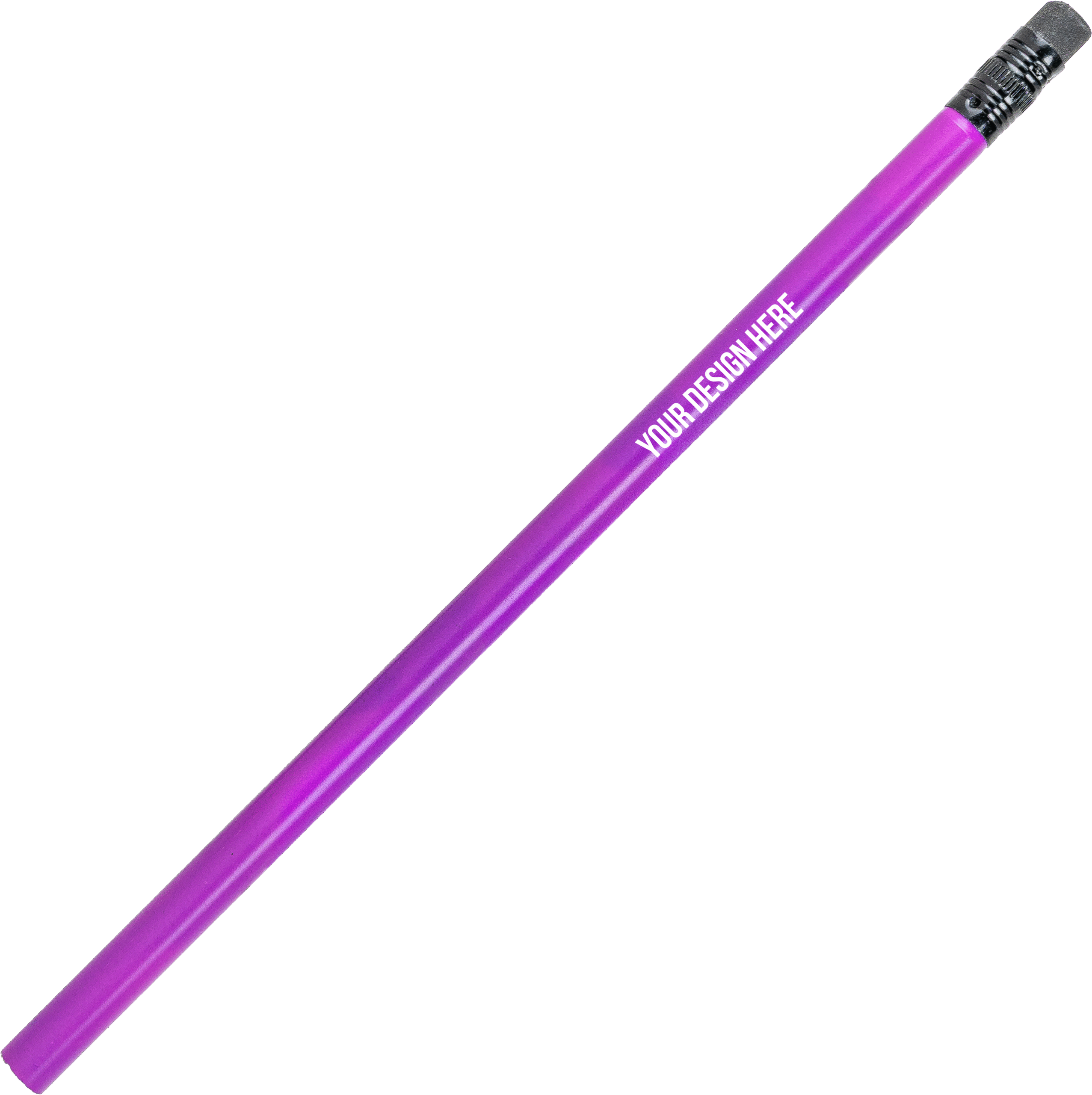A photo of an unsharpened purple pencil with a black end and a black eraser. The barrel is printed with YOUR DESIGN HERE in white.