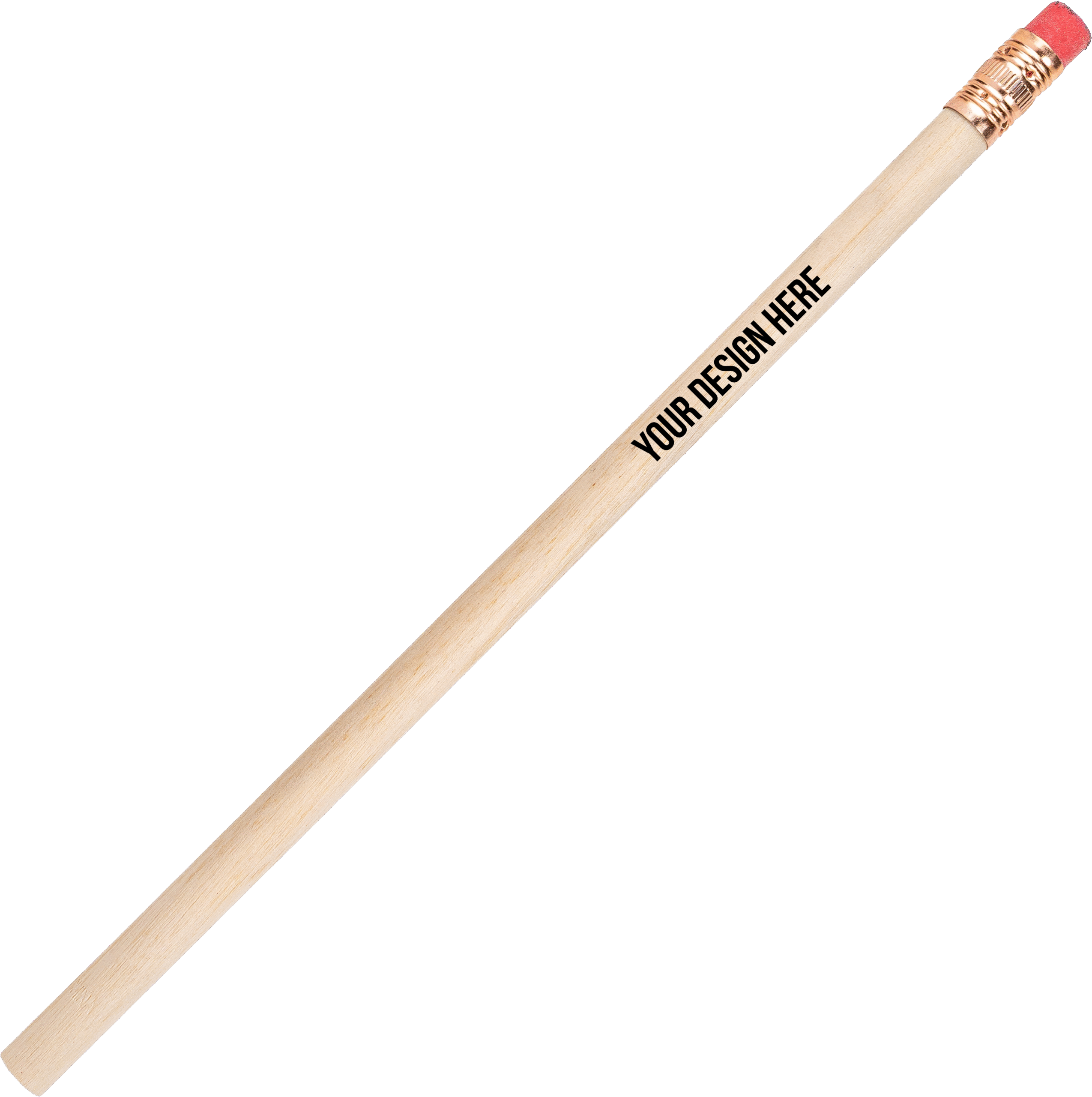 A photo of an unsharpened pencil with a gold end and a pink eraser. The barrel is printed with YOUR DESIGN HERE in black.