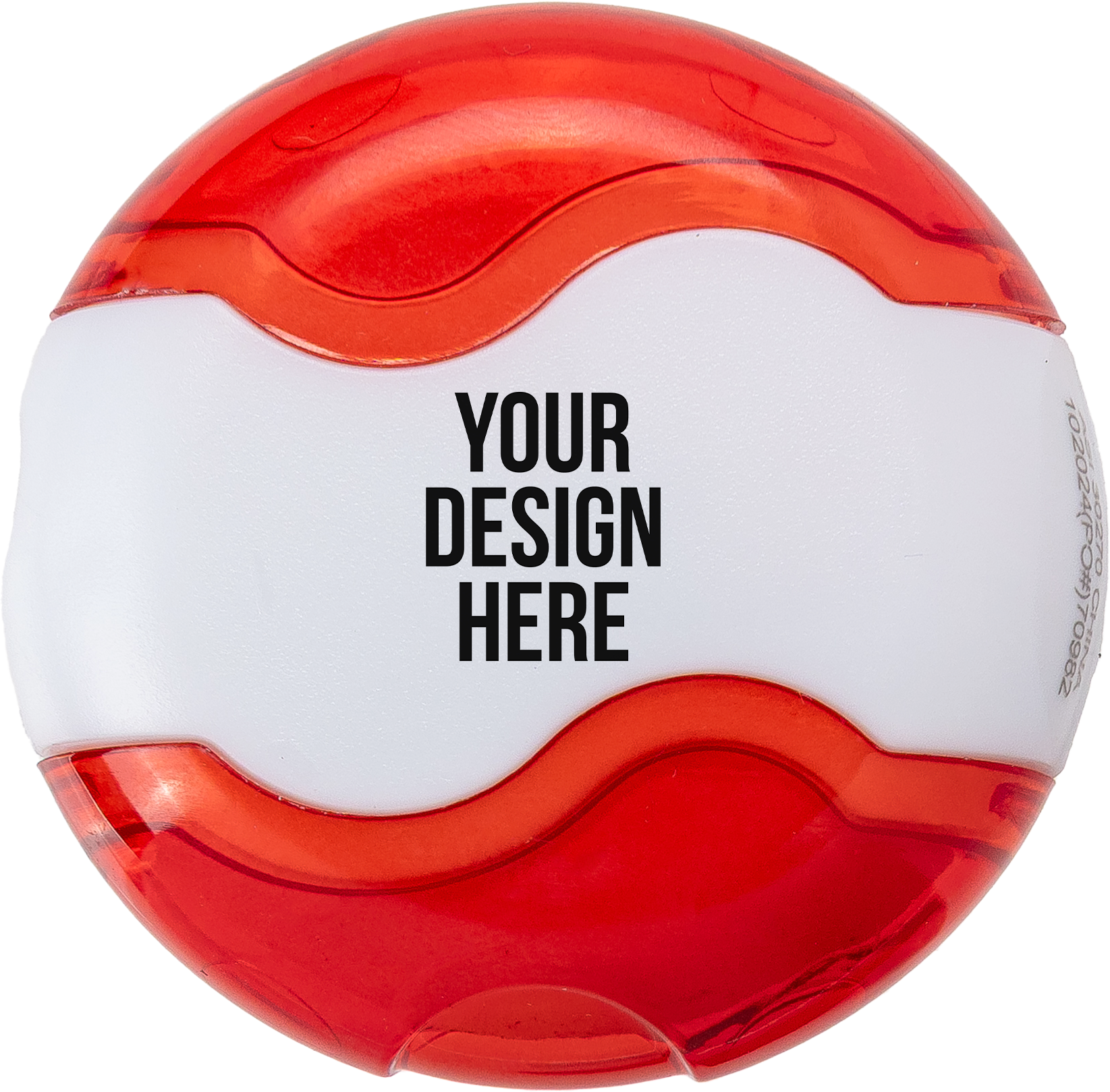 A photo of a white and red round plastic thing that is half pencil sharpener and half eraser. YOUR DESIGN HERE is printed in black on the front.