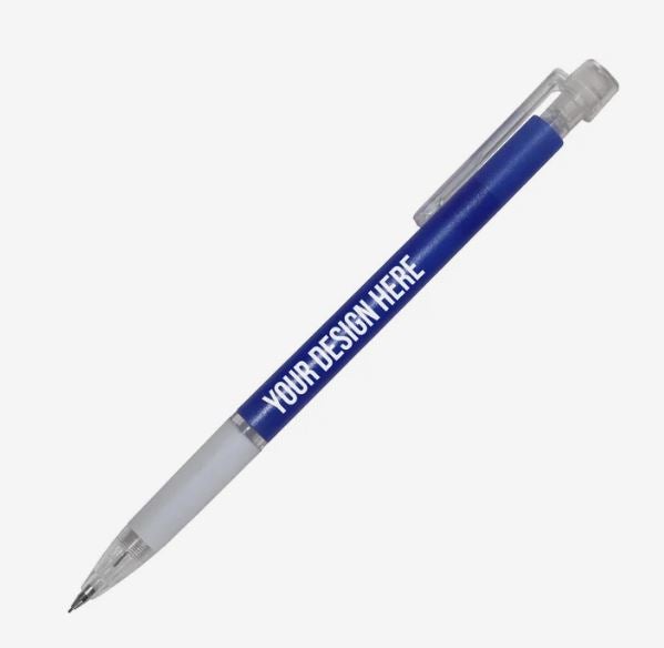 A photo of a blue mechanical pencil with a clear white plastic end and tip, white plastic grip, white eraser, and YOUR DESIGN HERE printed in white on the barrel.