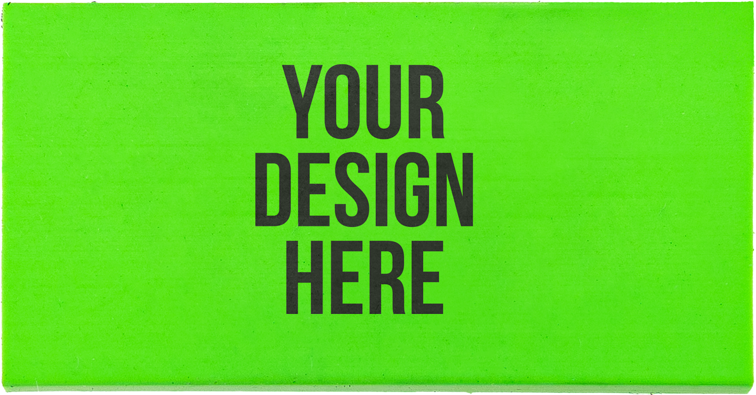 A photo of a bright green eraser printed with YOUR DESIGN HERE in black.