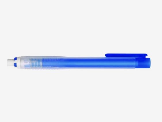 A photo showing a long white eraser inside a blue plastic tube.