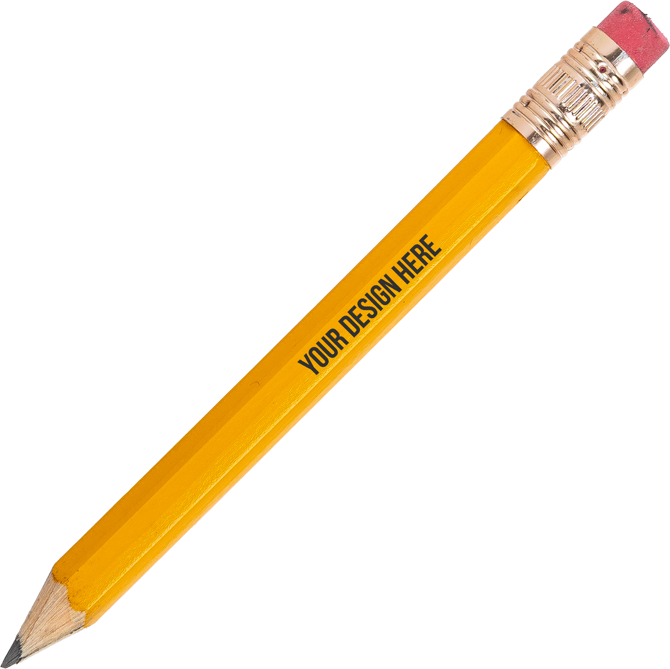 A photo showing a sharpened orange pencil with a gold end and a pink eraser, printed with YOUR DESIGN HERE in black on the barrel.