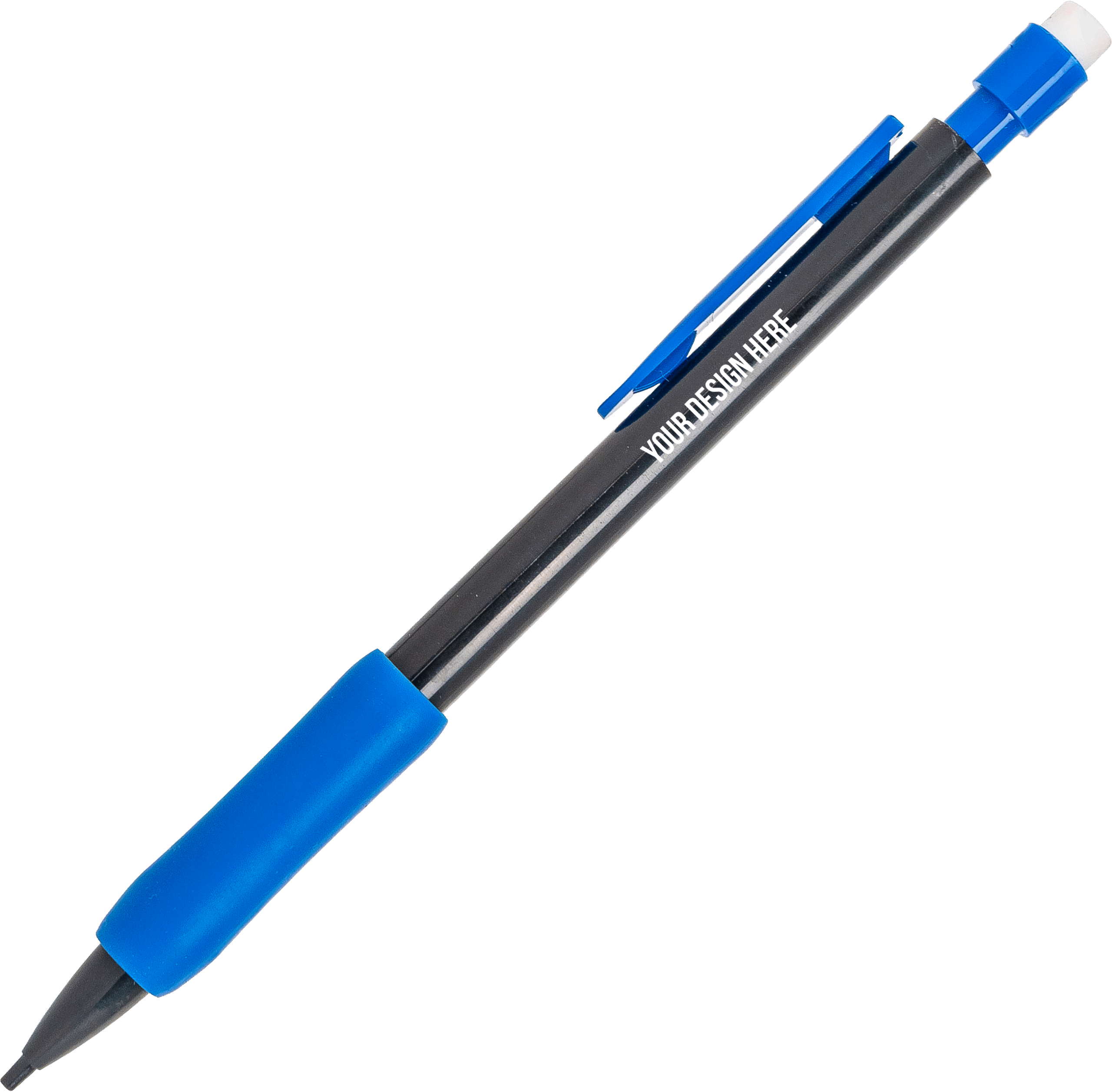 A photo showing a black mechanical pencil with a blue clip and grip, a black tip, and a blue eraser. YOUR DESIGN HERE is printed in white on the barrel.