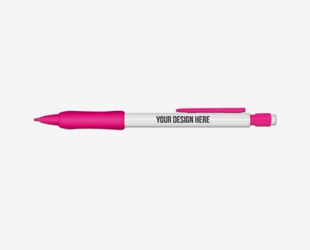 A photo showing a mechanical pencil with a pink tip, grip, clip, and end, and a white eraser. YOUR DESIGN HERE is printed in black on the barrel.