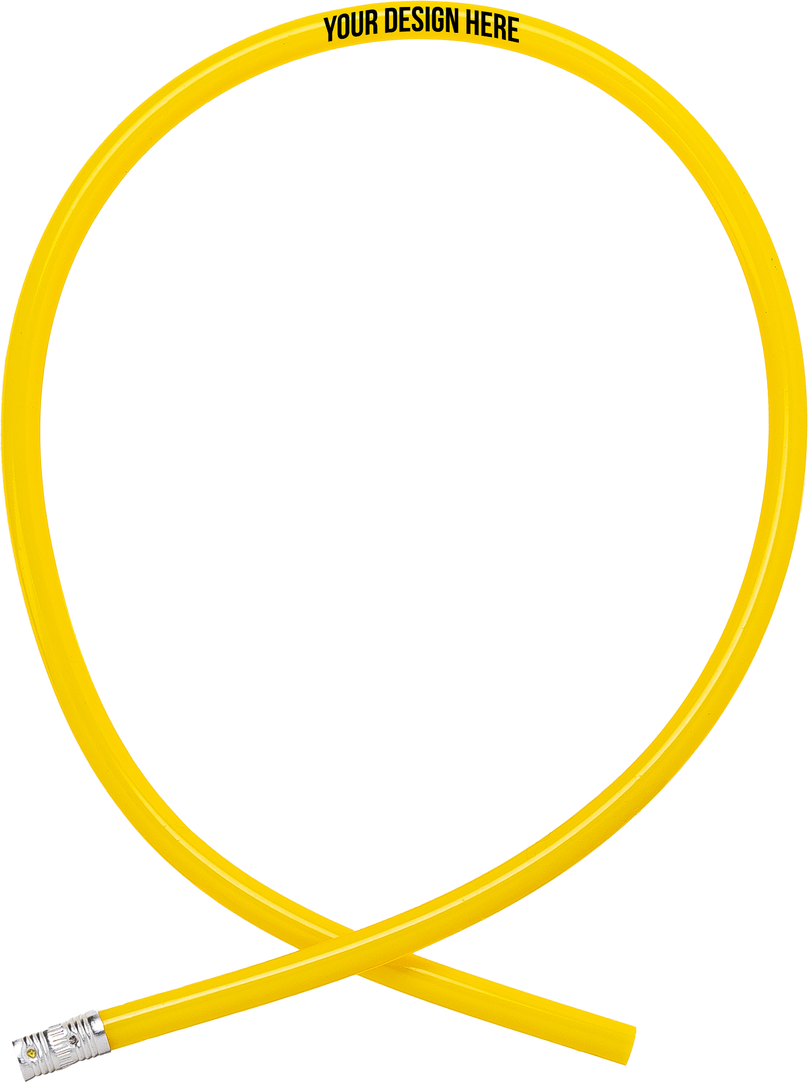 A photo showing a flexible yellow pencil with a silver end and white eraser, printed with YOUR DESIGN HERE in black on the barrel.