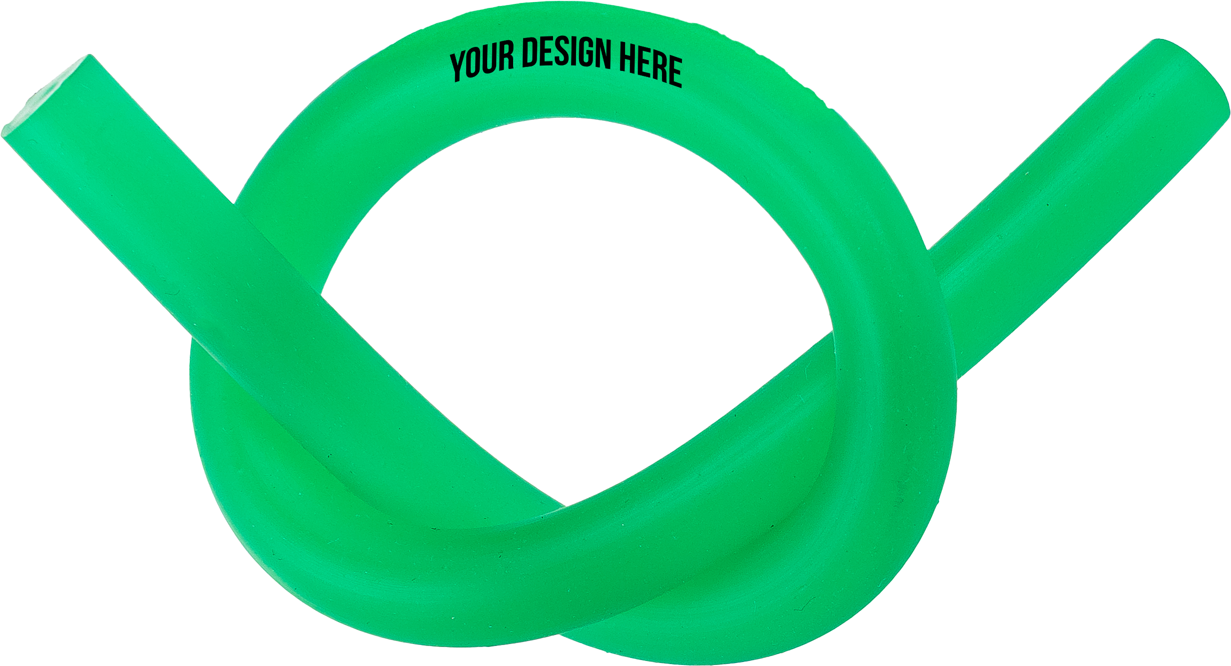 A photo showing a green flexible eraser twisted into a pretzel shape, printed with YOUR DESIGN HERE in black on the barrel.