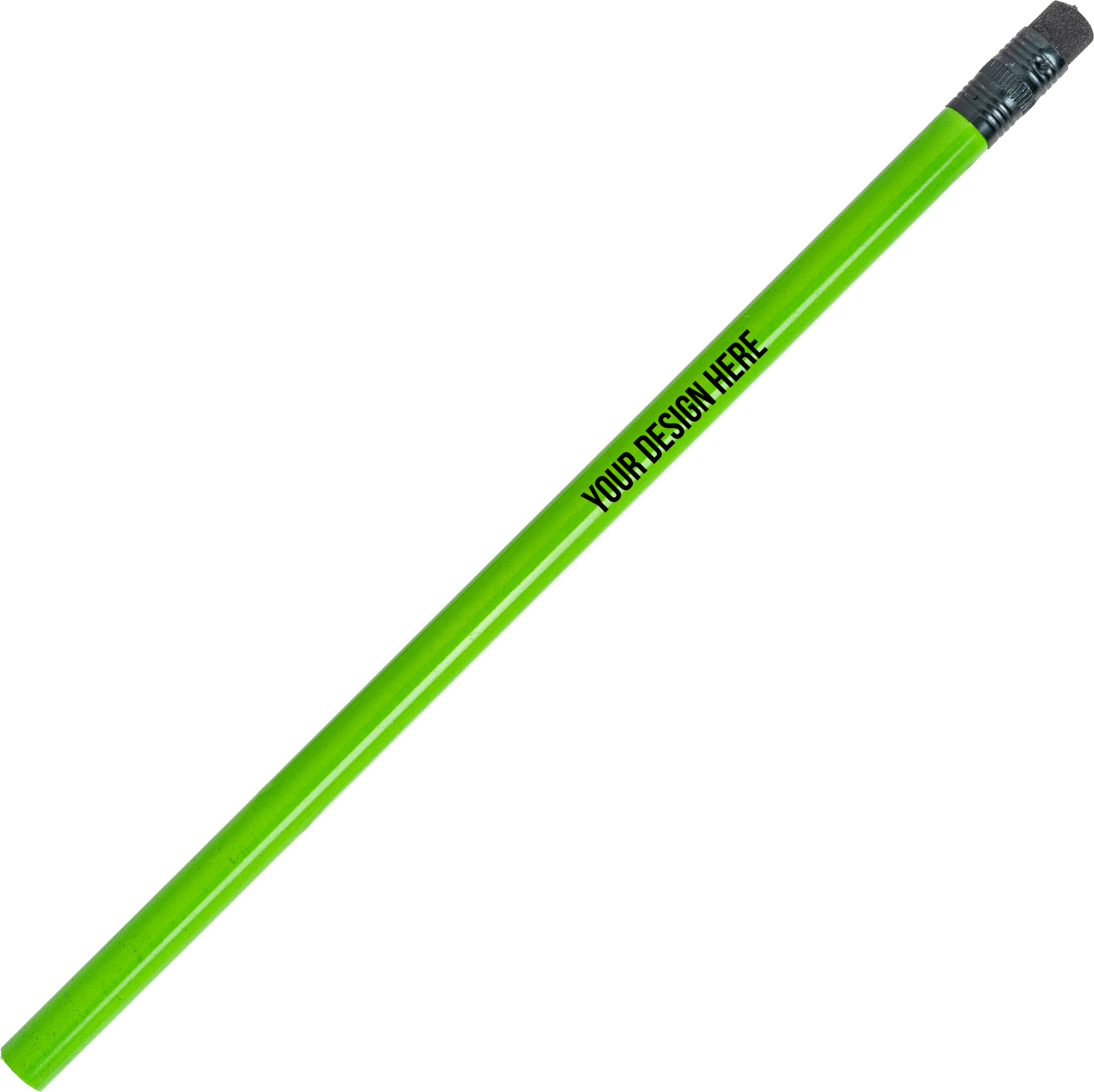 A photo of an unsharpened green pencil with a black end and a black eraser. The barrel is printed with YOUR DESIGN HERE in black.