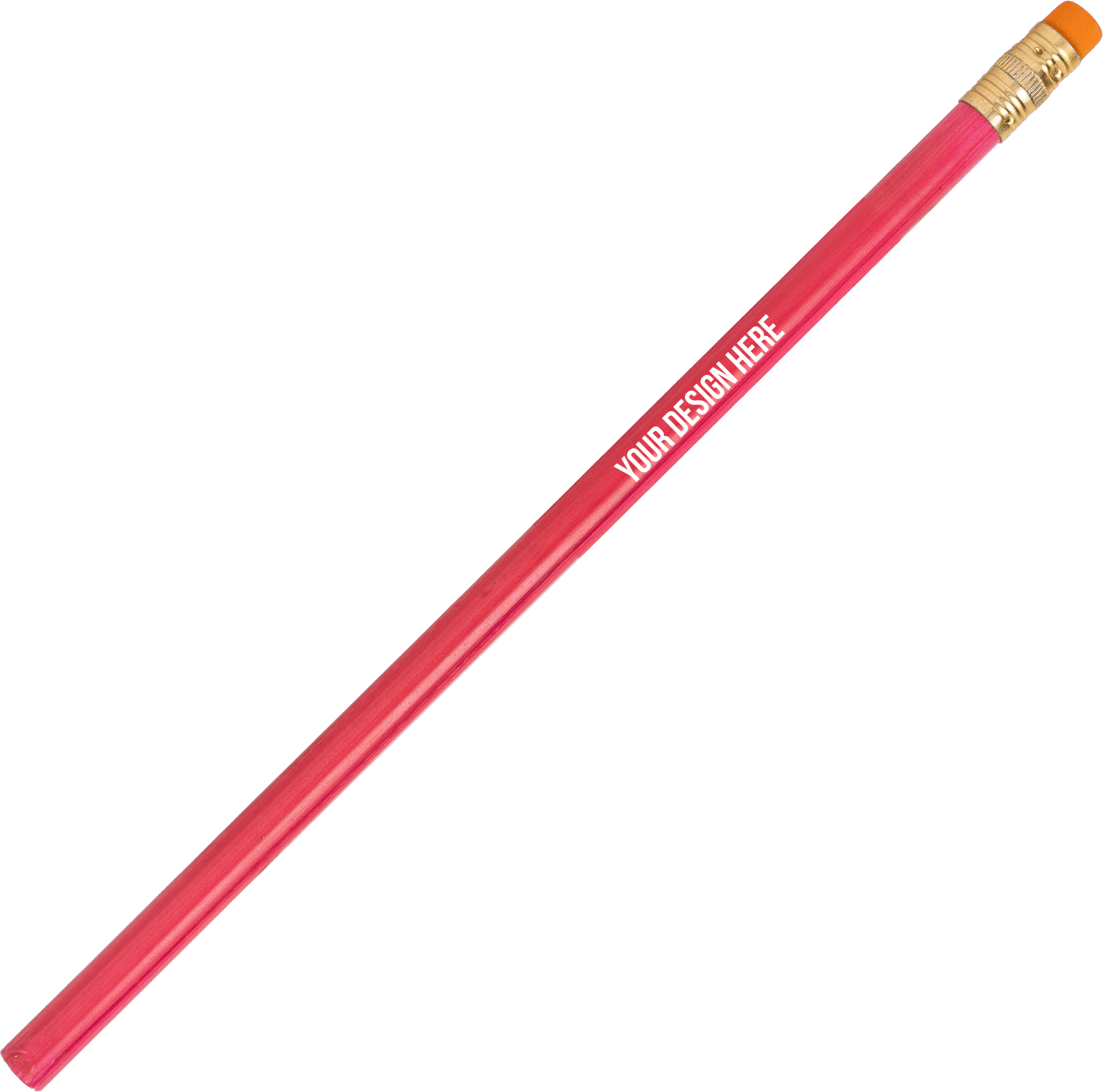 A photo of an unsharpened red pencil with a gold end and an orange eraser. The barrel is printed with YOUR DESIGN HERE in white.