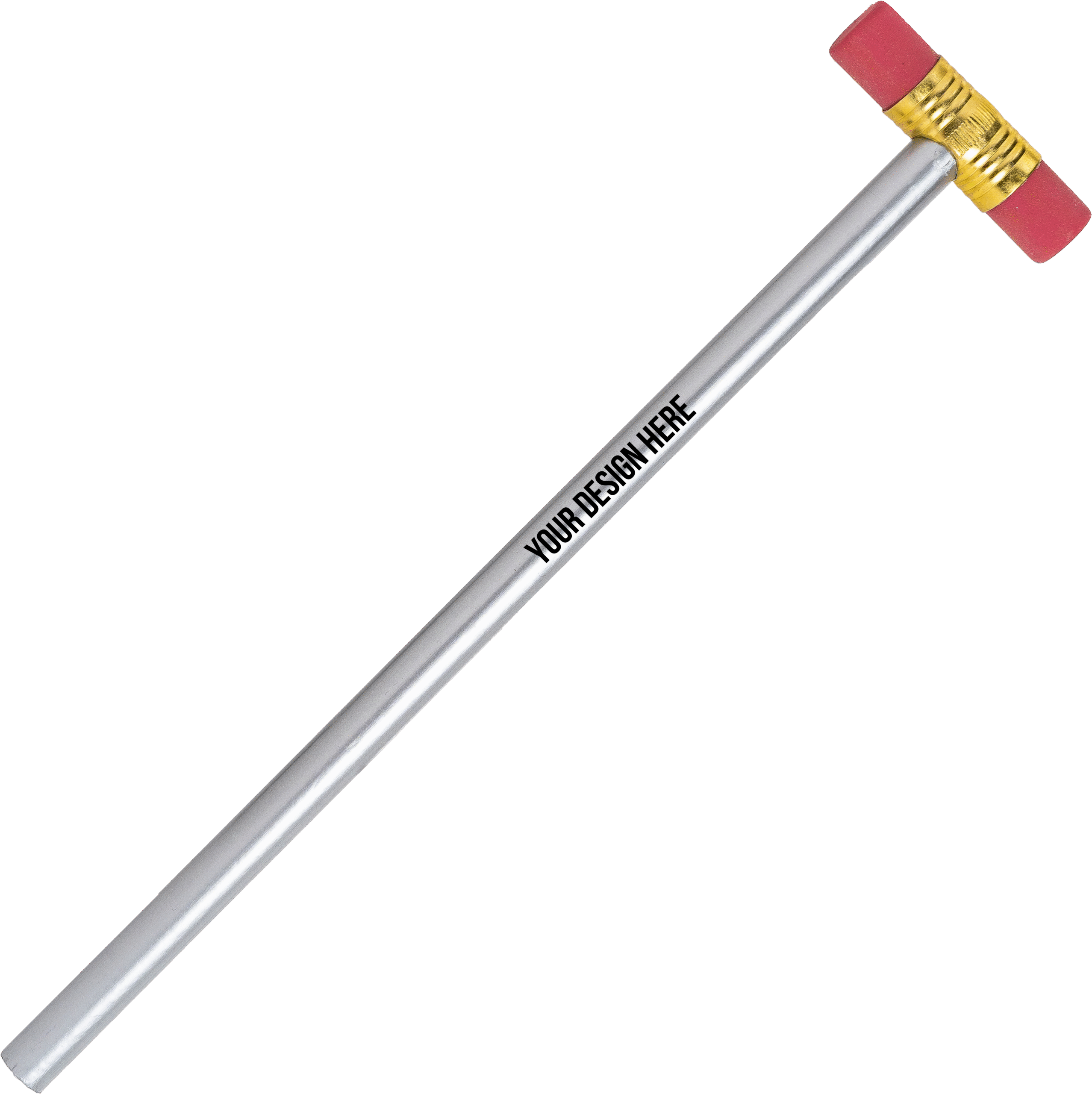 A photo of an unsharpened silver pencil with two pink erasers at the end in a hammerhead shape. The barrel is printed with YOUR DESIGN HERE in black.