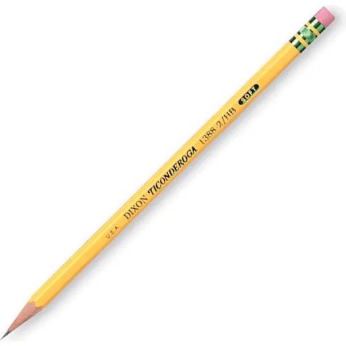 A photo of a sharpened yellow pencil with a green end and pink eraser. It's printed with Ticonderoga Soft 2HB.