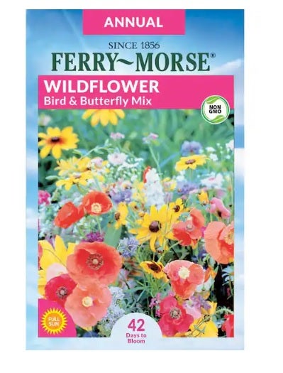 A photo of a seed packet with a photo on the packet of a lot of wildflowers. The packet is blue and pink, the brand is Ferry-Morse, and it's the Wildflower Bird and Butterfly Mix.