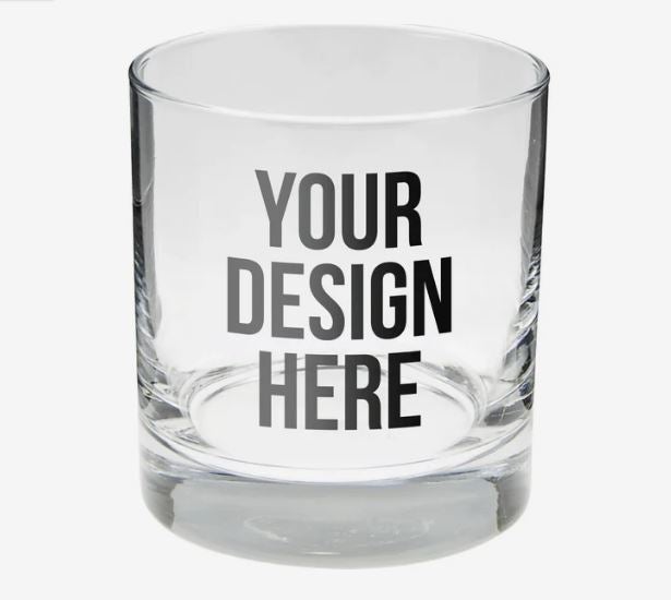 A photo of a short glass with YOUR DESIGN HERE printed on it.