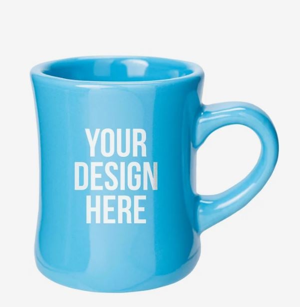 A photo of a light blue curved diner mug with YOUR DESIGN HERE printed on it.