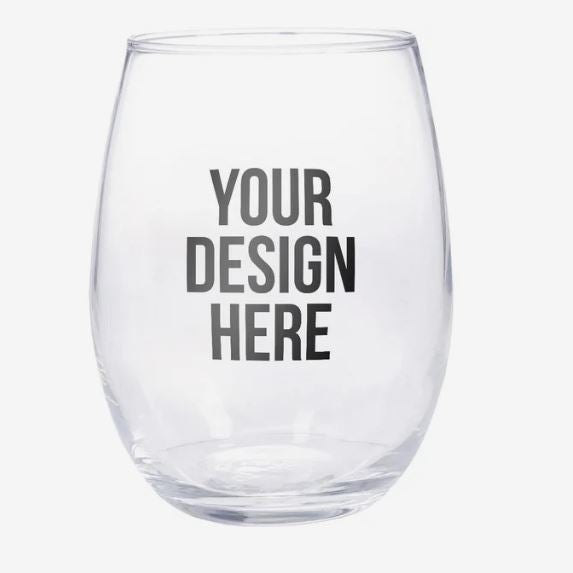 A photo of a stemless wine glass with YOUR DESIGN HERE printed on it.