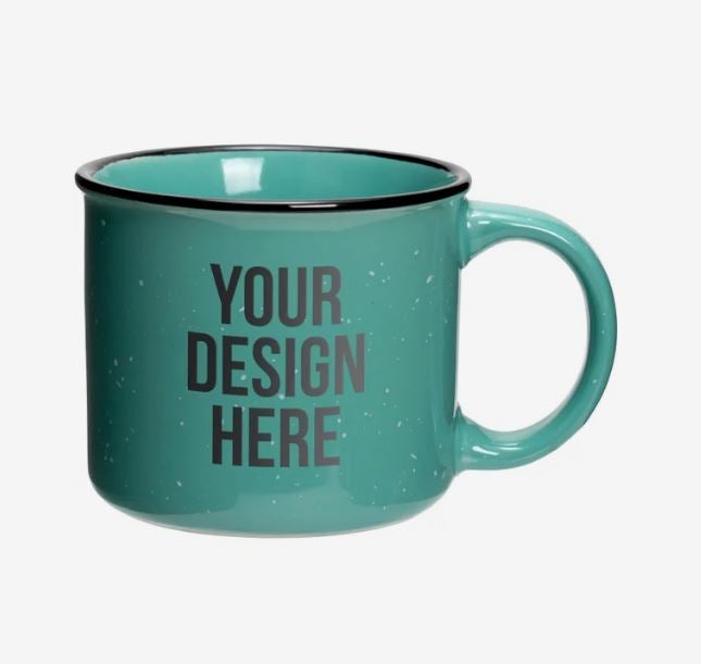 A photo of a speckled mint green campfire mug with YOUR DESIGN HERE printed on it.